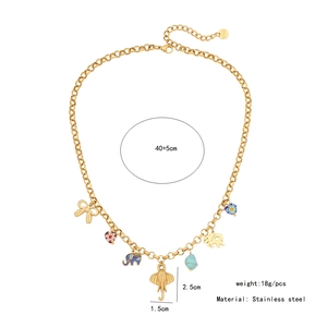 Detailed view of stainless steel necklace with size specs and colorful charms