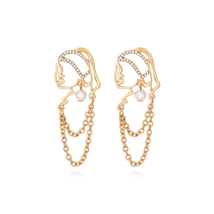 Abstract Face Silhouette Dangle Earrings For Women Alloy Gold Tone Long Chain Tassel Rhinestone Faux Artificial Pearl Retro Artistic