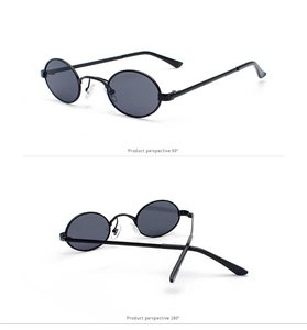 Retro oval sunglasses with slim black metal frames and dark gray lenses in dual views