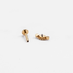 Macro view of gold titanium labret stud parts including zircon crown and heart design