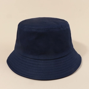Detail of navy blue cotton twill bucket hat showing high-quality parallel brim stitching