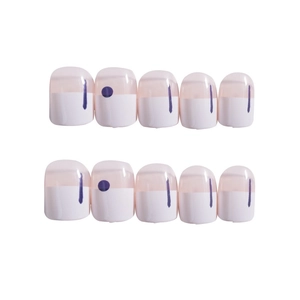 Short round press-on nails with nude base, white French tips, and purple graffiti dots