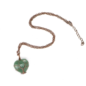 Natural green heart crystal tree of life wire wrapped necklace with copper chain