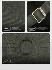 Detail of army green baseball cap showing stitching and adjustable metal buckle