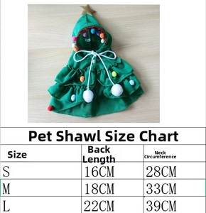 Size chart for Christmas dog cape showing S, M, L neck and back length measurements