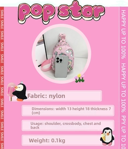 Pink cartoon nylon chest bag with unicorn patterns and dimensions 13x18x7cm
