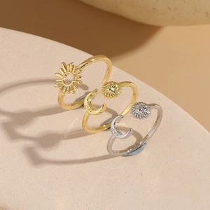 Adjustable Sun Moon Daisy Open Ring Copper Celestial Minimalist Vintage Jewelry For Women Gift