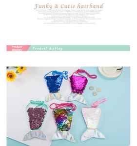 Detailed view of colorful sequin mermaid tail hair accessories in five vibrant variants