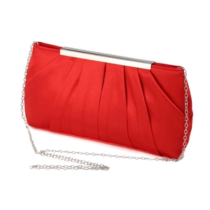 Detail of red pleated satin evening clutch bag with silver metal frame and chain strap