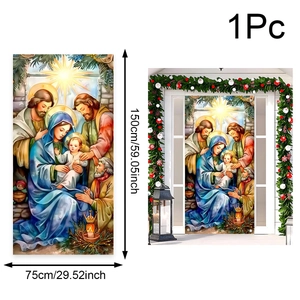 Detailed view of religious Christmas door banner with dimensions 75x150cm for outdoor decor