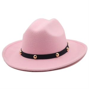 Pink wool fedora hat with black rivet band and gold studs for men and women