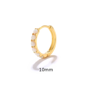 Detailed view of 10mm gold S925 silver hoop earring with white oval opal gemstones