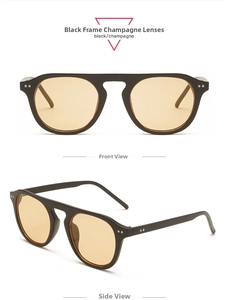Detail view of black matte sunglasses with champagne lenses and metallic rivets decoration