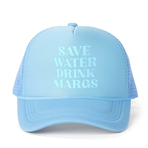 Detail of light blue trucker hat with Save Water Drink Margs print and rope trim