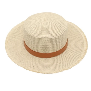Top view of beige straw boater hat with frayed edges and brown leather band detail