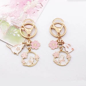 Cute Japanese cherry blossom rabbit and cat metal keychain bag pendant for women and girls best friends.