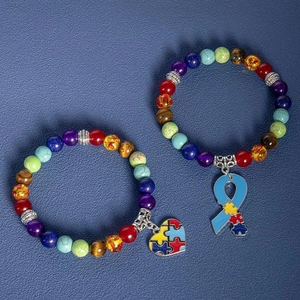 Rainbow natural stone yoga bracelet with autism awareness heart and ribbon charms