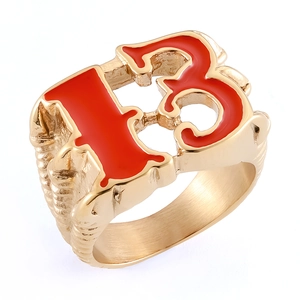 Retro golden stainless steel ring featuring red number 13 in dragon claw style
