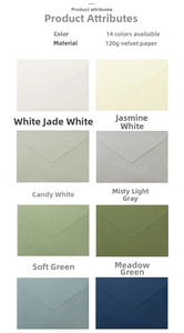 Close-up of 120g premium art paper texture and 14 available colors for envelopes