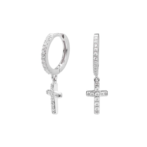 Classic S925 sterling silver cross drop earrings with sparkling cubic zirconia inlay