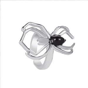 Gothic spider-shaped silver metal ring with a black teardrop stone and adjustable band