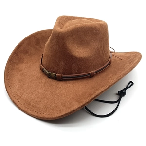 Western Cowboy Hat Faux Suede Wide Brim With Adjustable Chin Strap Retro Metal Buckle Vintage Ethnic Style For Travel