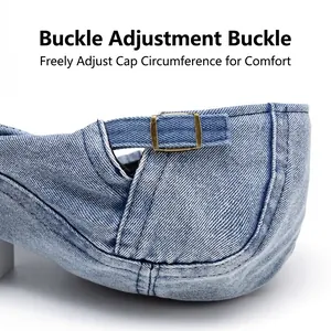 Blue denim newsboy cap with adjustable vintage bronze buckle and strap detail