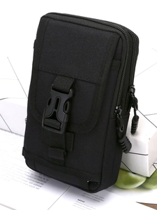 Vertical black nylon belt pouch for men featuring secure buckle and zipper closure