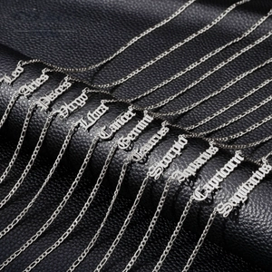 Detailed view of twelve zodiac name pendants in gothic font on black leather background