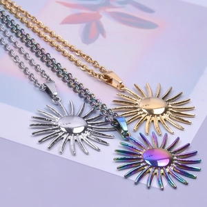 Sun pendant necklaces in gold, silver and rainbow colors made of stainless steel