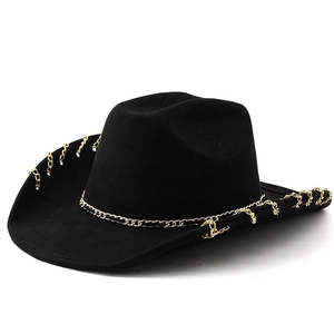 Black faux suede western cowboy hat featuring decorative gold chains on the brim and crown