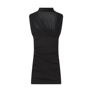 Chic black bodycon mini dress with ruched mesh stand collar and sleeveless design