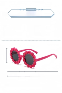 Pink daisy flower sunglasses for kids with PC frame and detailed size dimensions