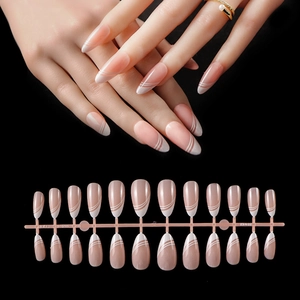 French almond fake nails set in nude pink with white lines, 24 pieces display