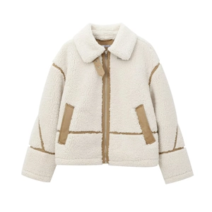 Women's fleece jacket in beige and khaki with zipper closure and turn-down collar