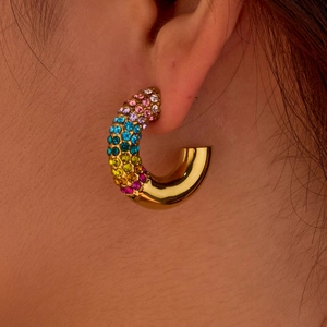 18K Gold Plated Stainless Steel C-Shaped Hoop Earrings For Women Minimalist Multicolor Rhinestone Inlaid Fashion Jewelry