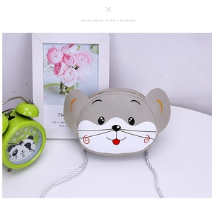 Detail showing cartoon mouse crossbody bag for kids with grey and white faux leather and ears