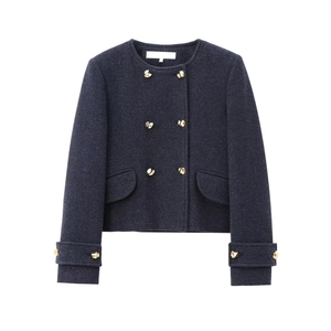 Veste en tweed bleu marine pour femme avec boutons dorés et col rond coupe courte