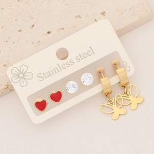 Three-pair gold stainless steel earring set with red hearts, zircons, and butterflies