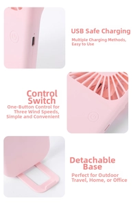 Detail of pink portable USB fan featuring three-speed power button and detachable base