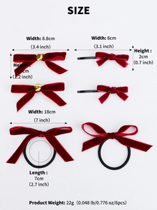 Size specifications for a 6-piece red velvet bow hair clip set with golden bells and ties