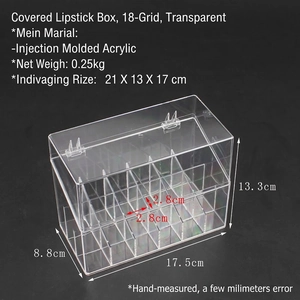 Detailed 18 slots transparent acrylic lipstick organizer with lid showing dimensions and size