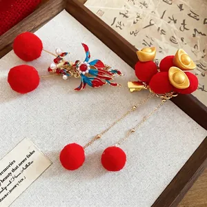 New Chinese style hair clip set with red pompoms, golden sycee, and long tassels