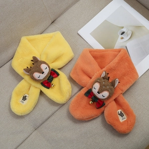 Plush faux rabbit fur scarves for kids with cute deer motifs and bows in yellow and orange