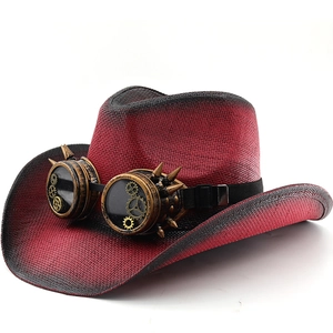 Steampunk Cowboy Hat Paper Straw Gradient Western Style With Goggles Gears Spikes Outdoor Party Costume Accessory