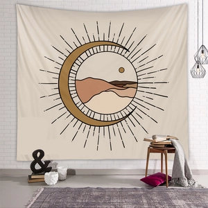 Minimalist bohemian wall tapestry with desert mountain moon art in warm earthy tones
