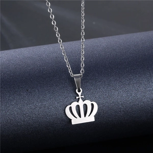 Polished stainless steel crown pendant necklace with cross detail on elegant O-chain
