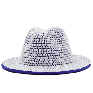 Luxury wool felt fedora hat for women with all-over pearl beads and royal blue brim detail