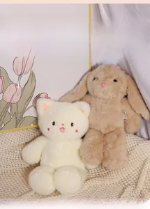 Detail of plush cat and long-eared bunny toy set in soft non-shedding fabric