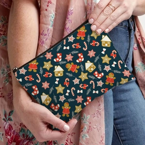 Christmas gingerbread man dark teal makeup bag with double-sided festive prints
